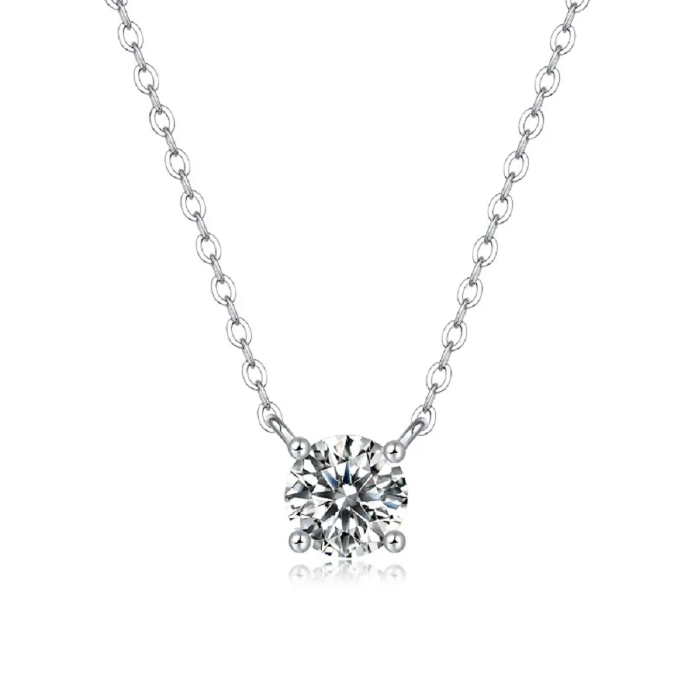 Refined 925 Sterling Silver Four-Prong Round Pendant Necklace - Moissanite 2 ct