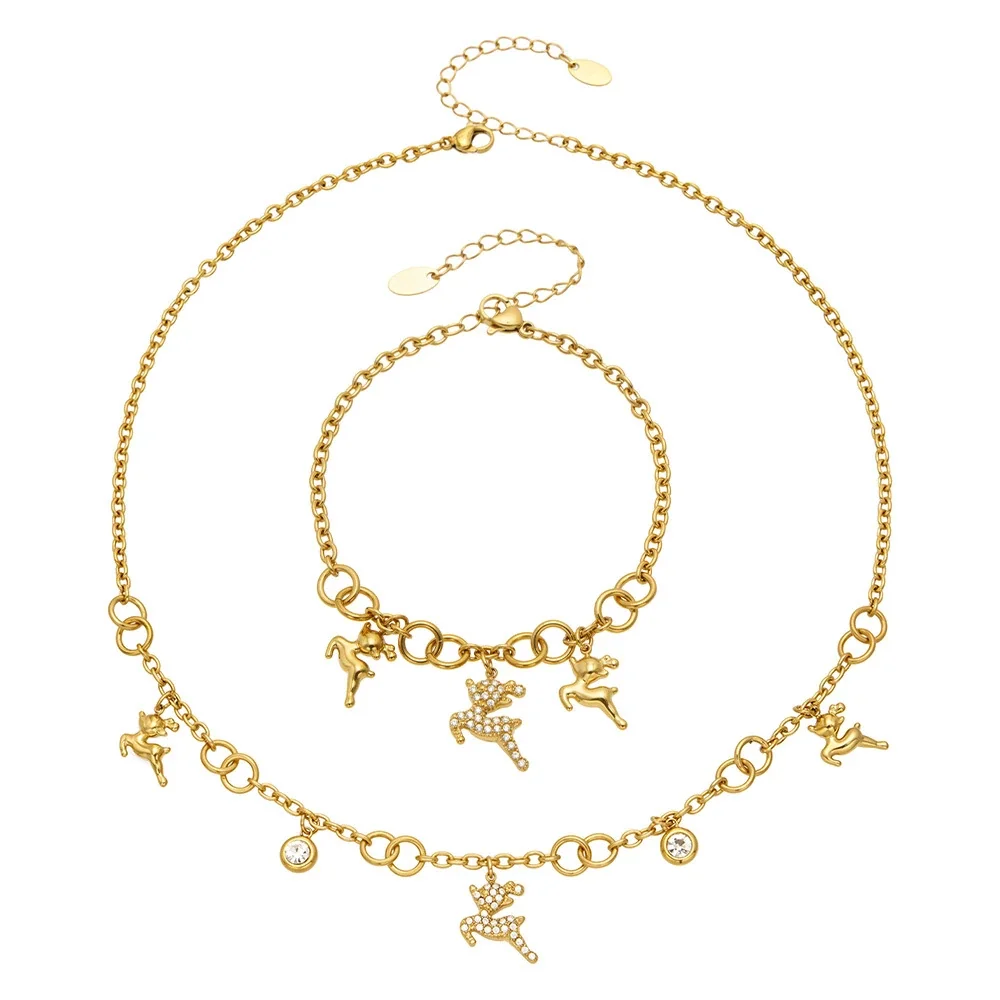 Polished Deer Charm Stainless Steel CZ Chain Jewelry Set