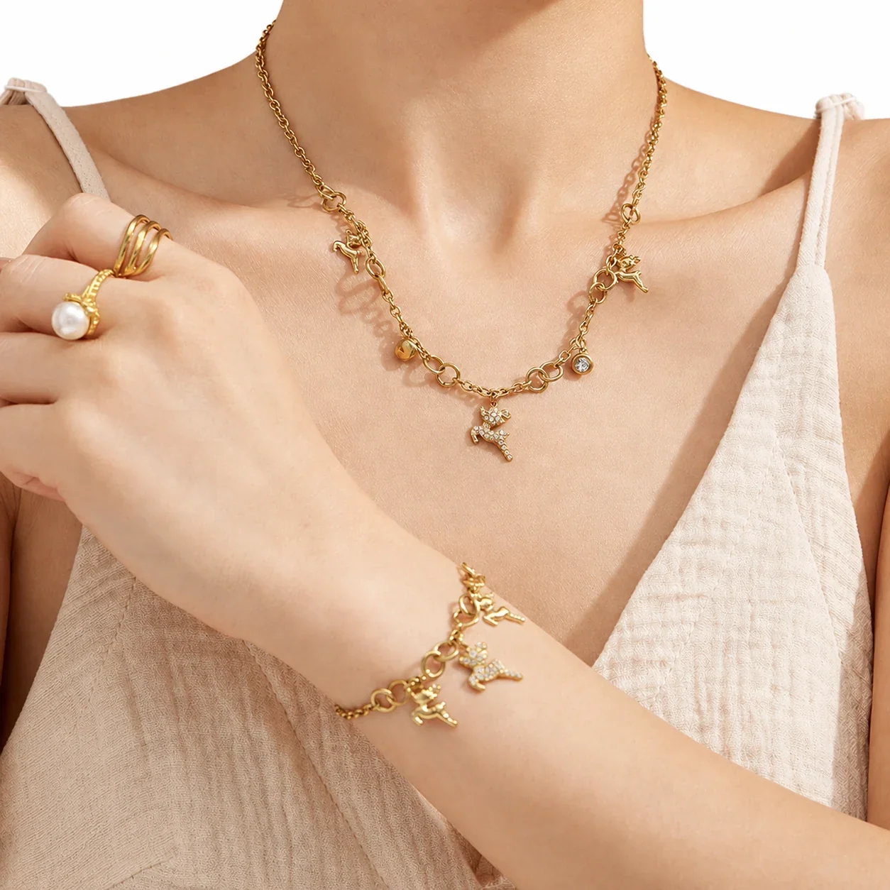 Polished Deer Charm Stainless Steel CZ Chain Jewelry Set