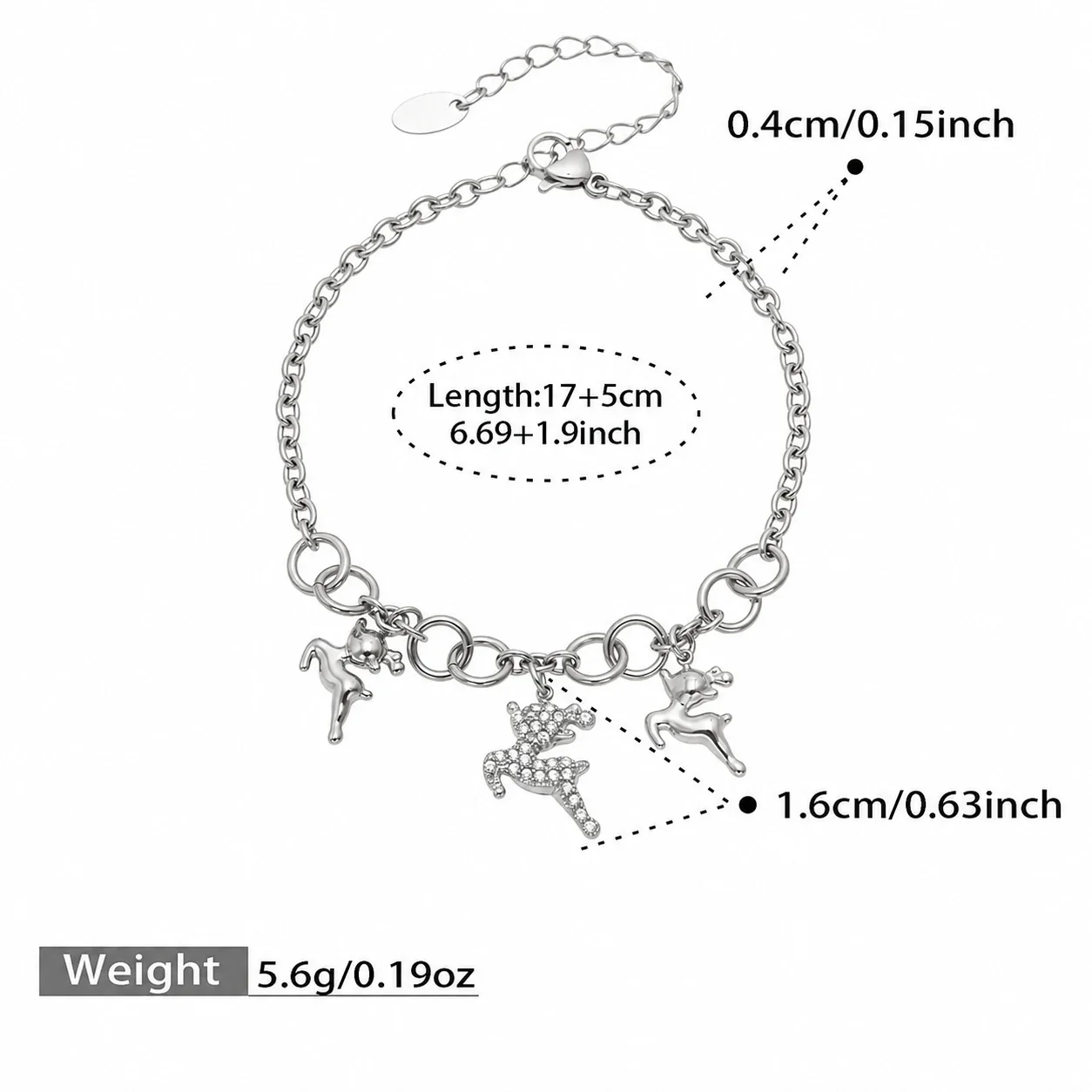 Polished Deer Charm Stainless Steel CZ Chain Jewelry Set - Silver 17+5 cm