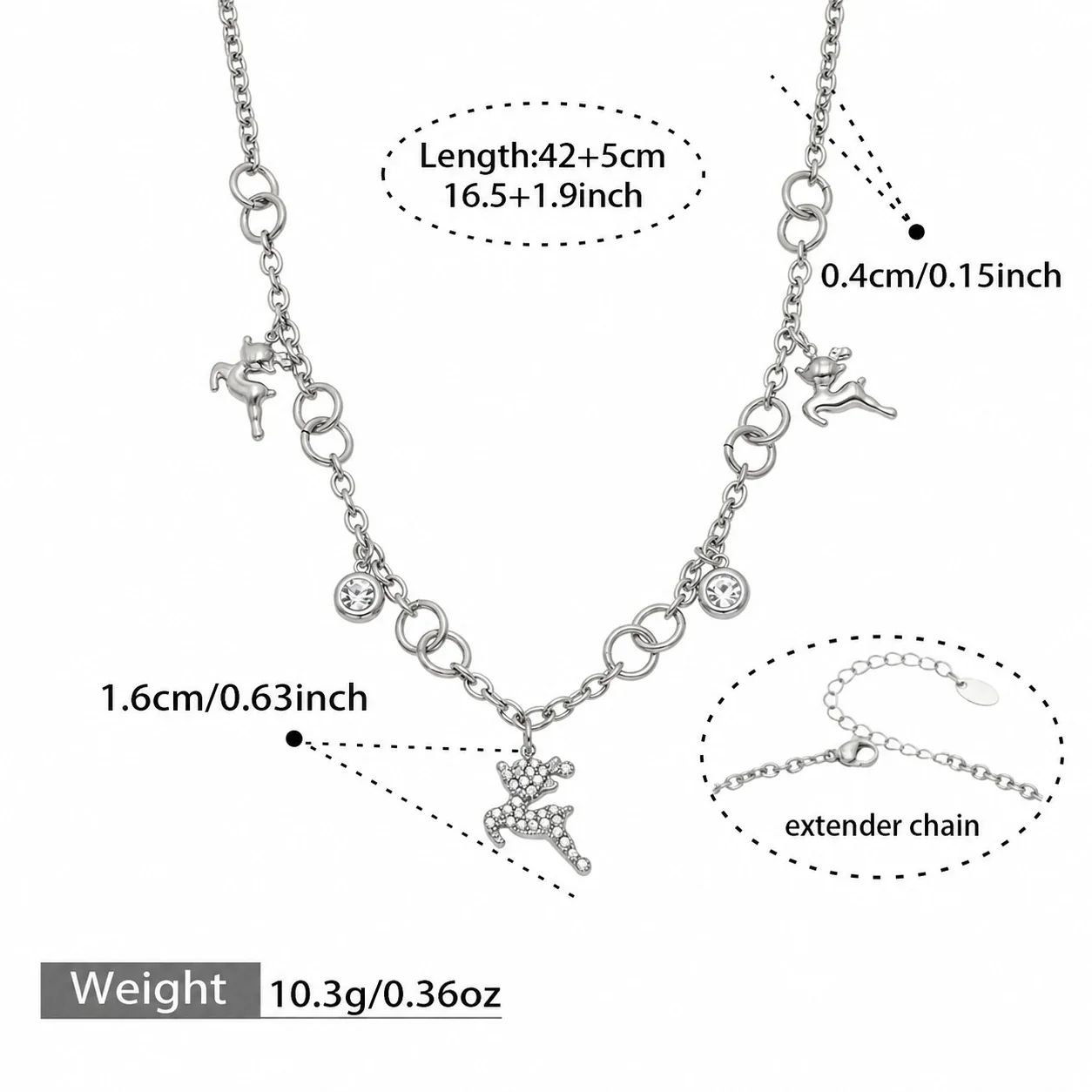 Polished Deer Charm Stainless Steel CZ Chain Jewelry Set - Silver 42+5 cm