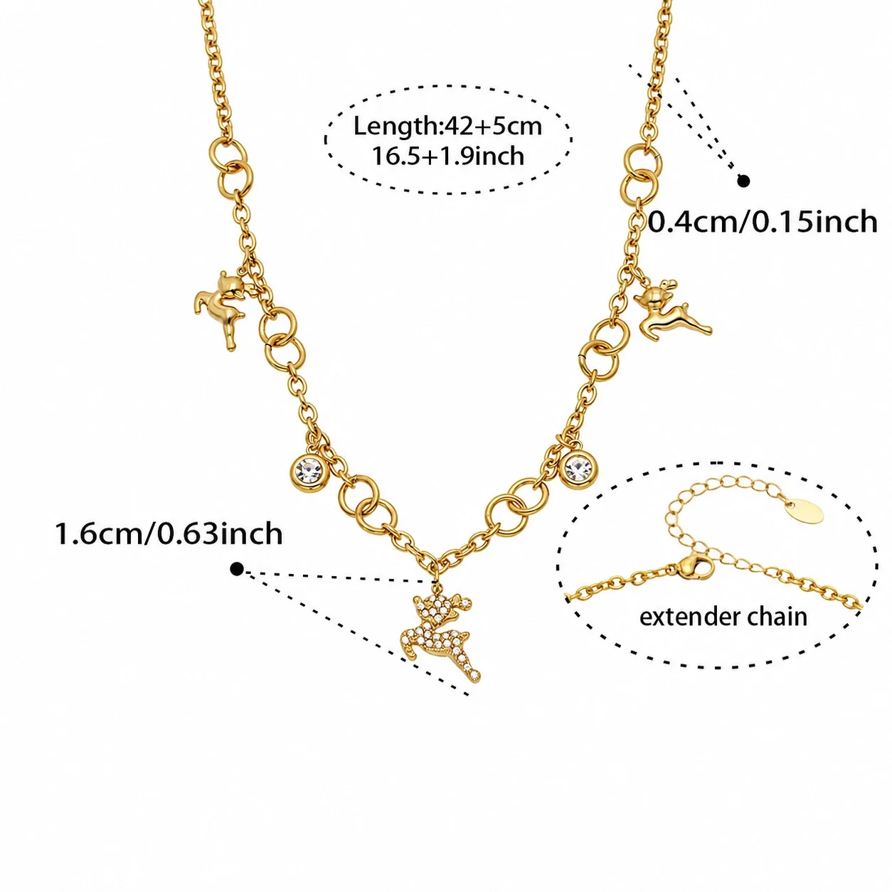 Polished Deer Charm Stainless Steel CZ Chain Jewelry Set - Gold 42+5 cm