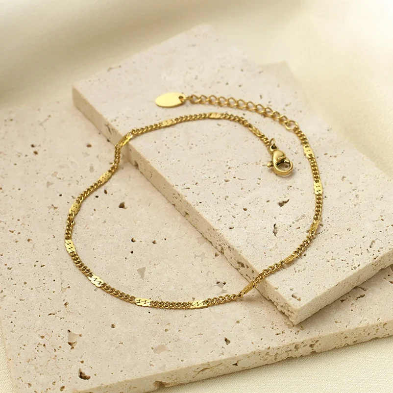 Delicate Gold-Plated Curb Chain Bar Stainless Steel Anklet