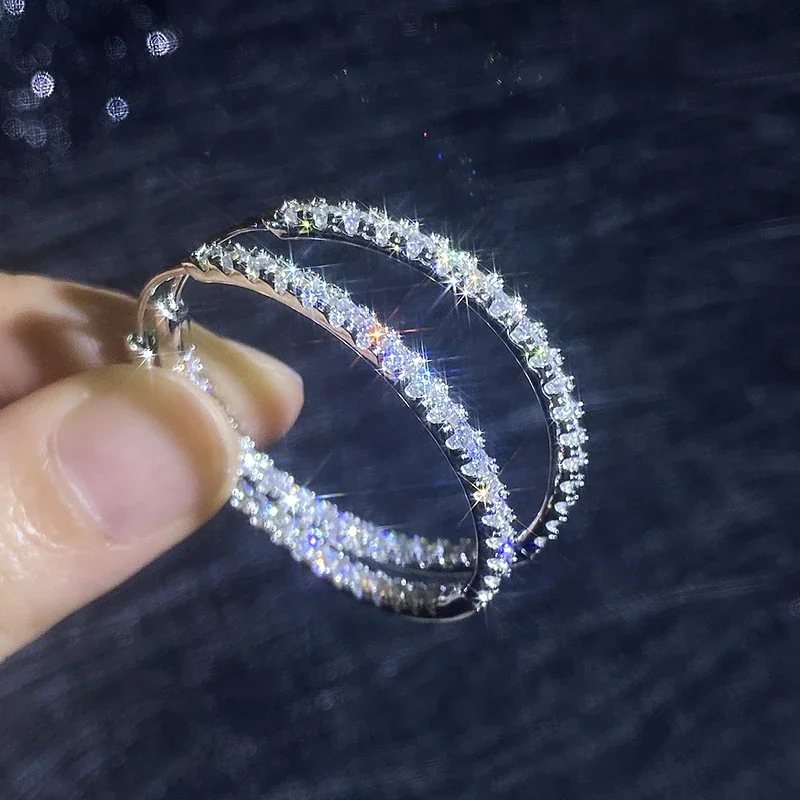 Radiant Pavé Round Moissanite 925 Sterling Silver Hoop Earrings
