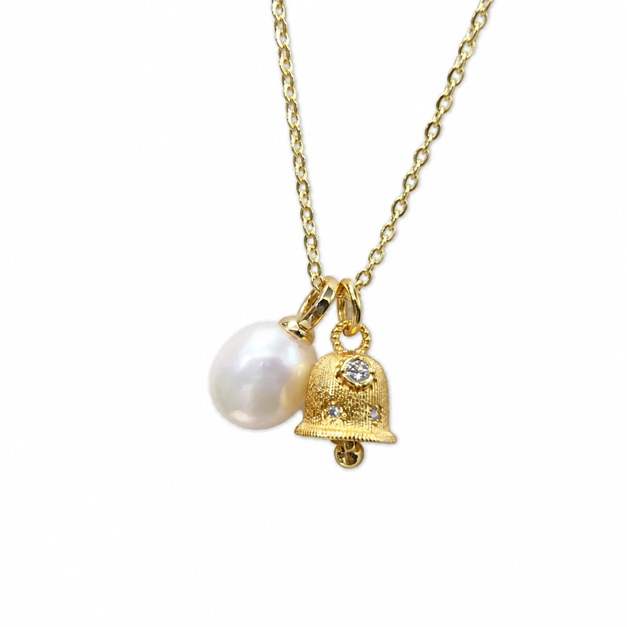 Delicate Gold-Plated Bell Charm Teardrop Pearl Necklace