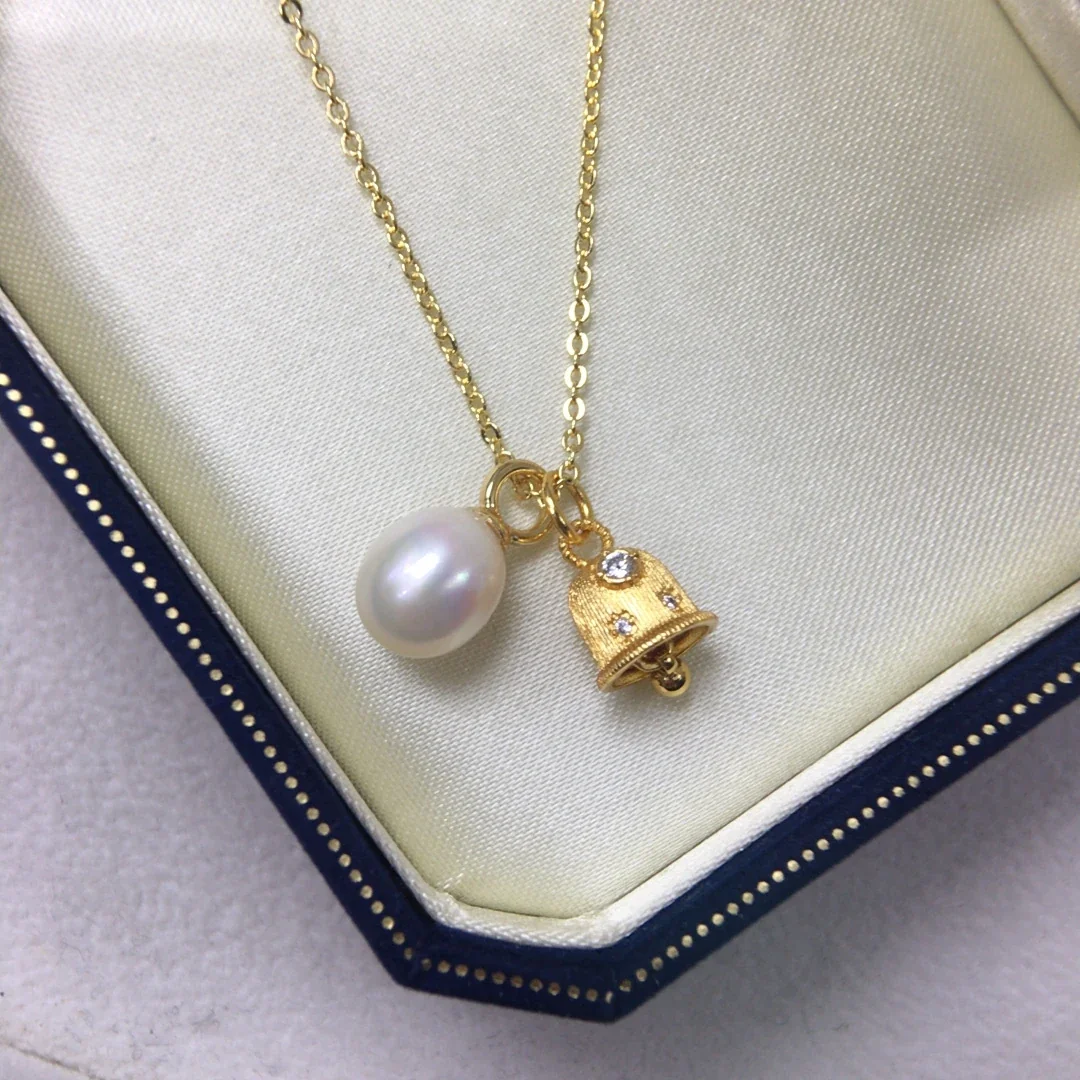 Delicate Gold-Plated Bell Charm Teardrop Pearl Necklace