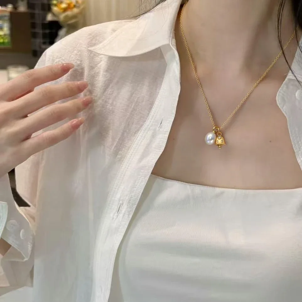 Delicate Gold-Plated Bell Charm Teardrop Pearl Necklace