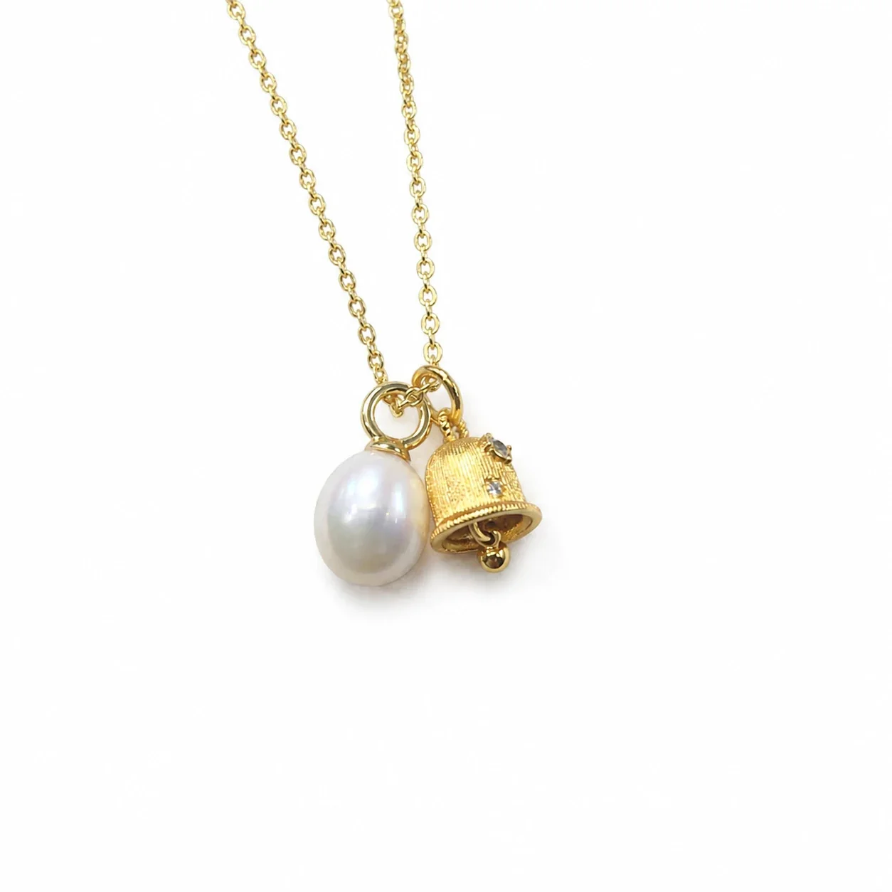 Delicate Gold-Plated Bell Charm Teardrop Pearl Necklace