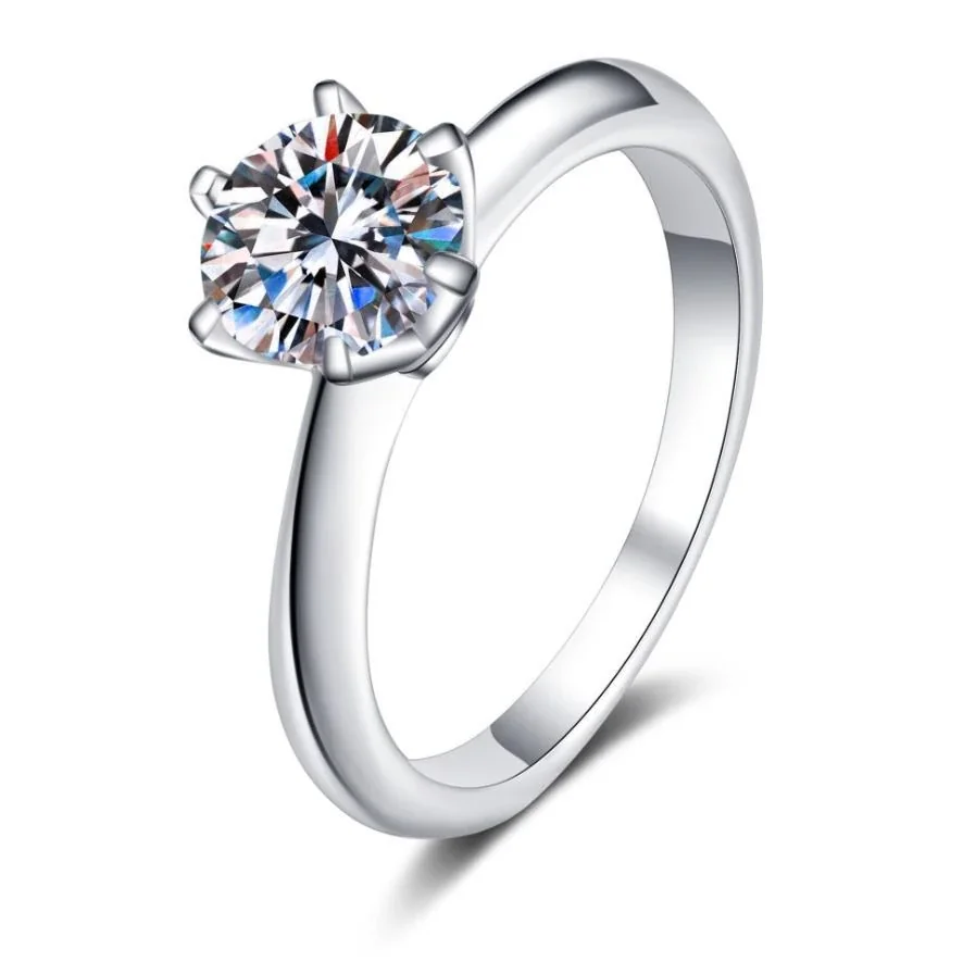 Refined Platinum-Plated Six-Prong Round 925 Sterling Silver Ring