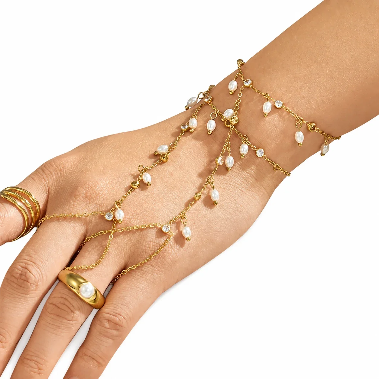 Delicate Gold-Plated Pearl-Effect Bead CZ Finger Bracelet