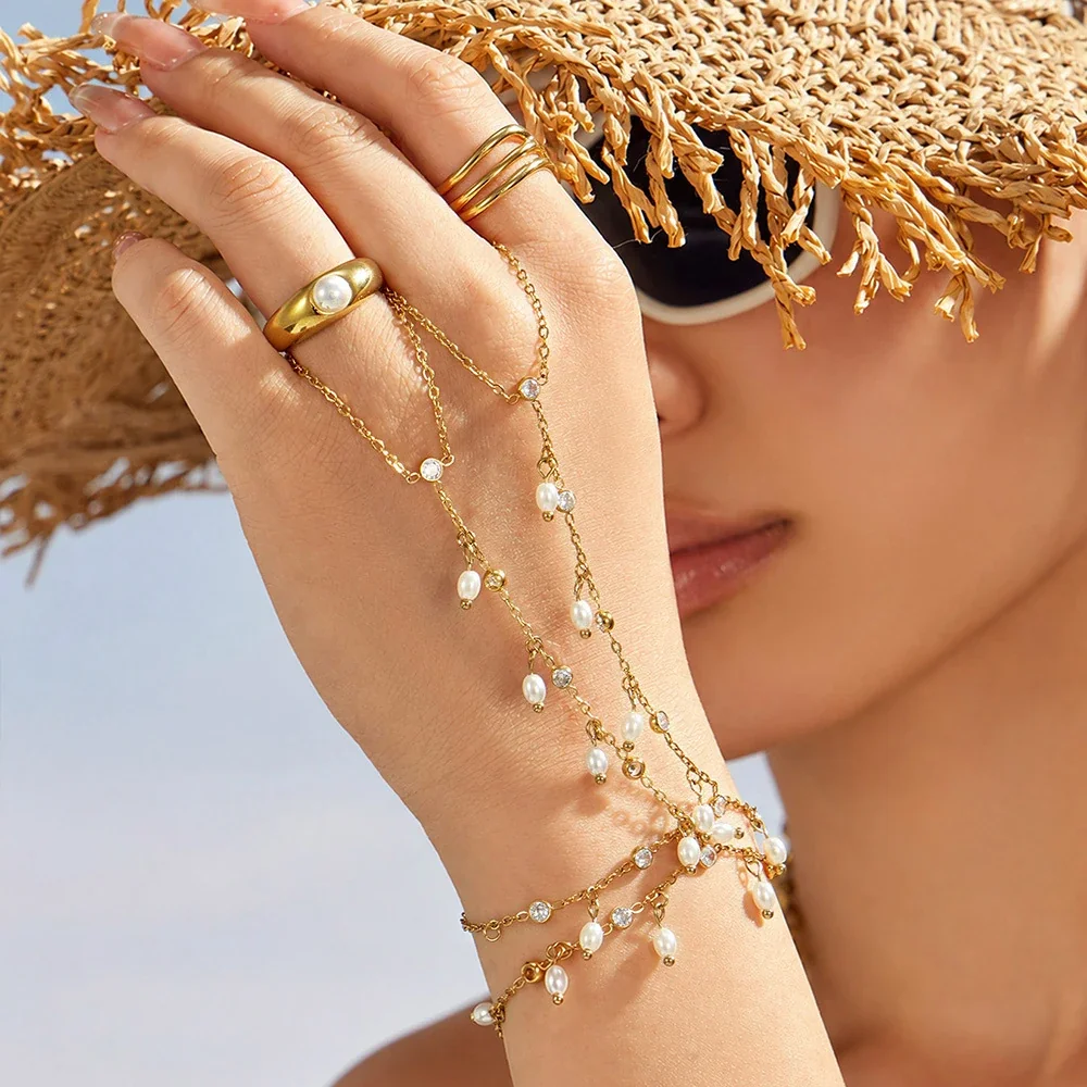 Delicate Gold-Plated Pearl-Effect Bead CZ Finger Bracelet