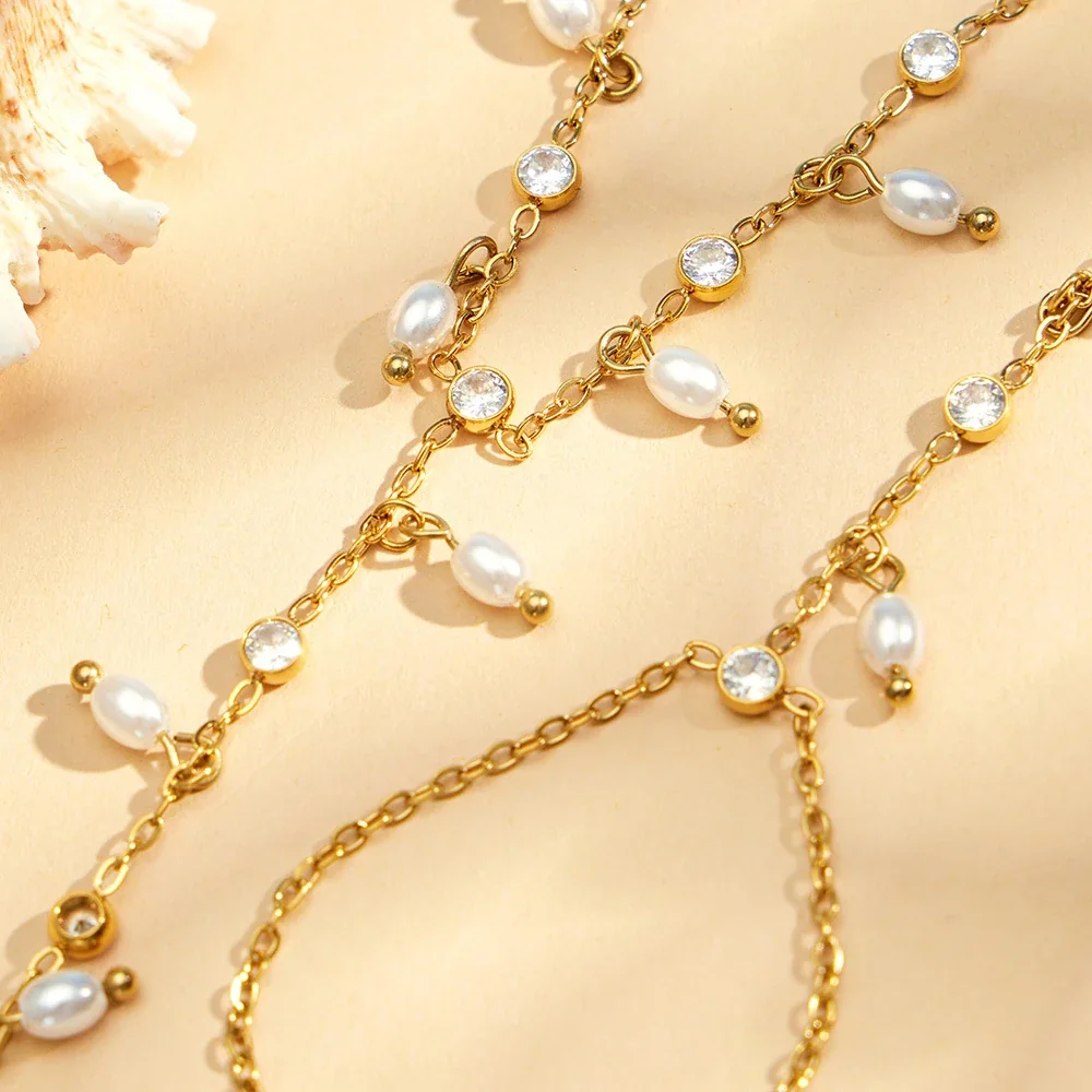 Delicate Gold-Plated Pearl-Effect Bead CZ Finger Bracelet