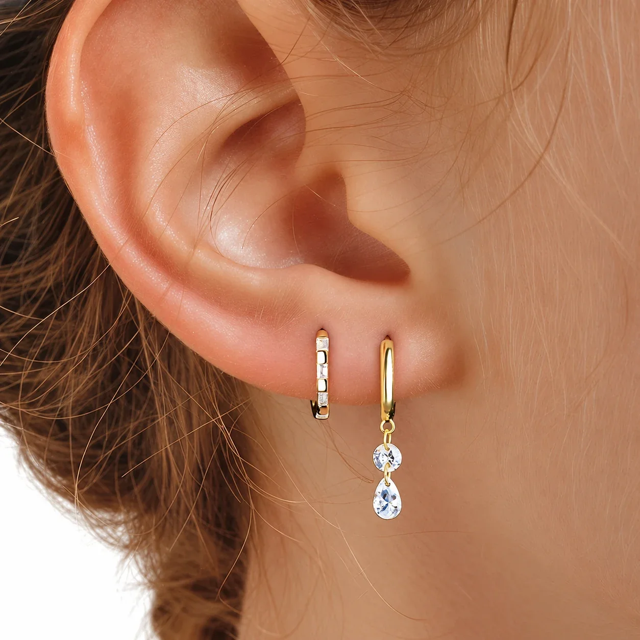 Gold-Tone 925 Sterling Silver Two-Stone Drop Hoop Earrings