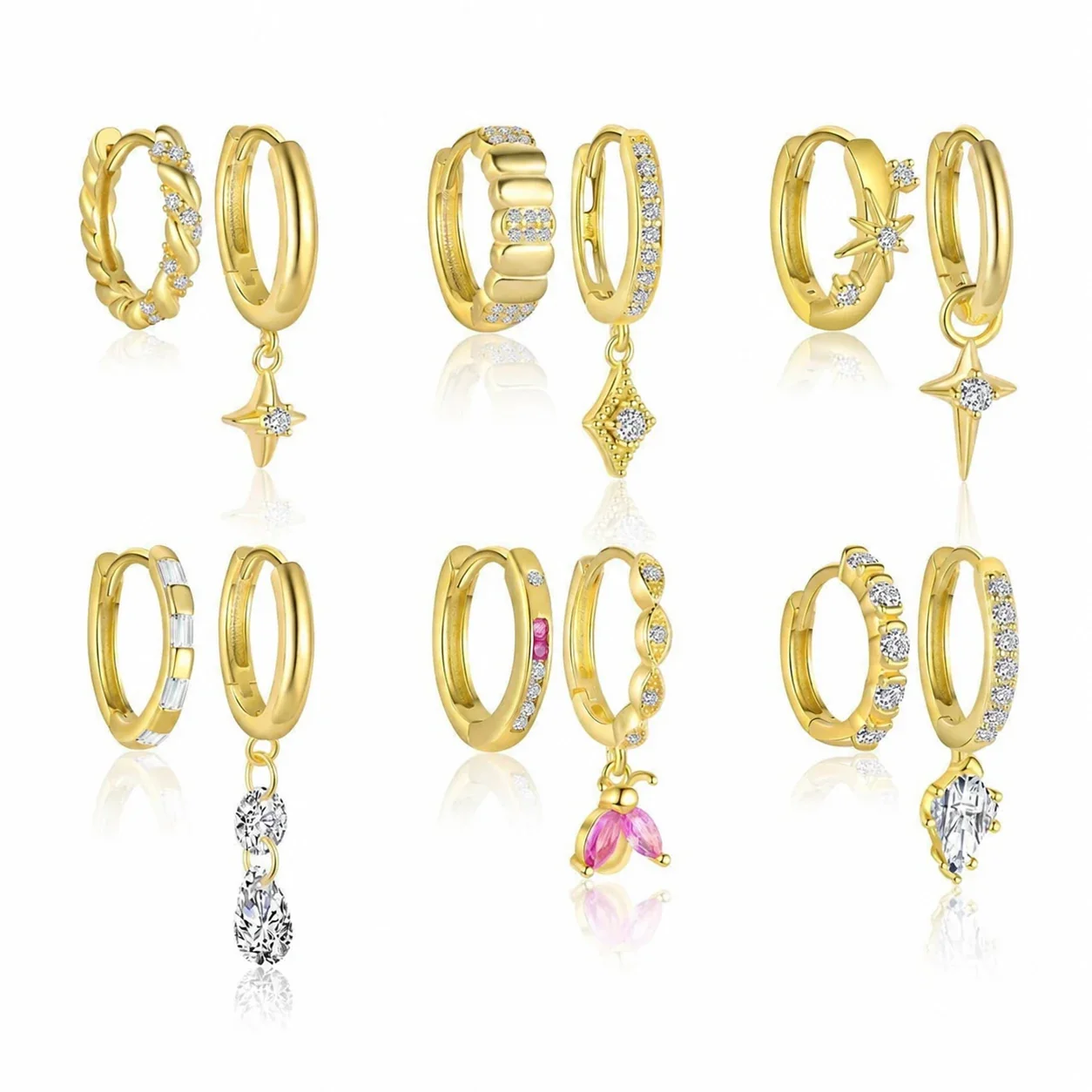 Gold-Tone 925 Sterling Silver Two-Stone Drop Hoop Earrings