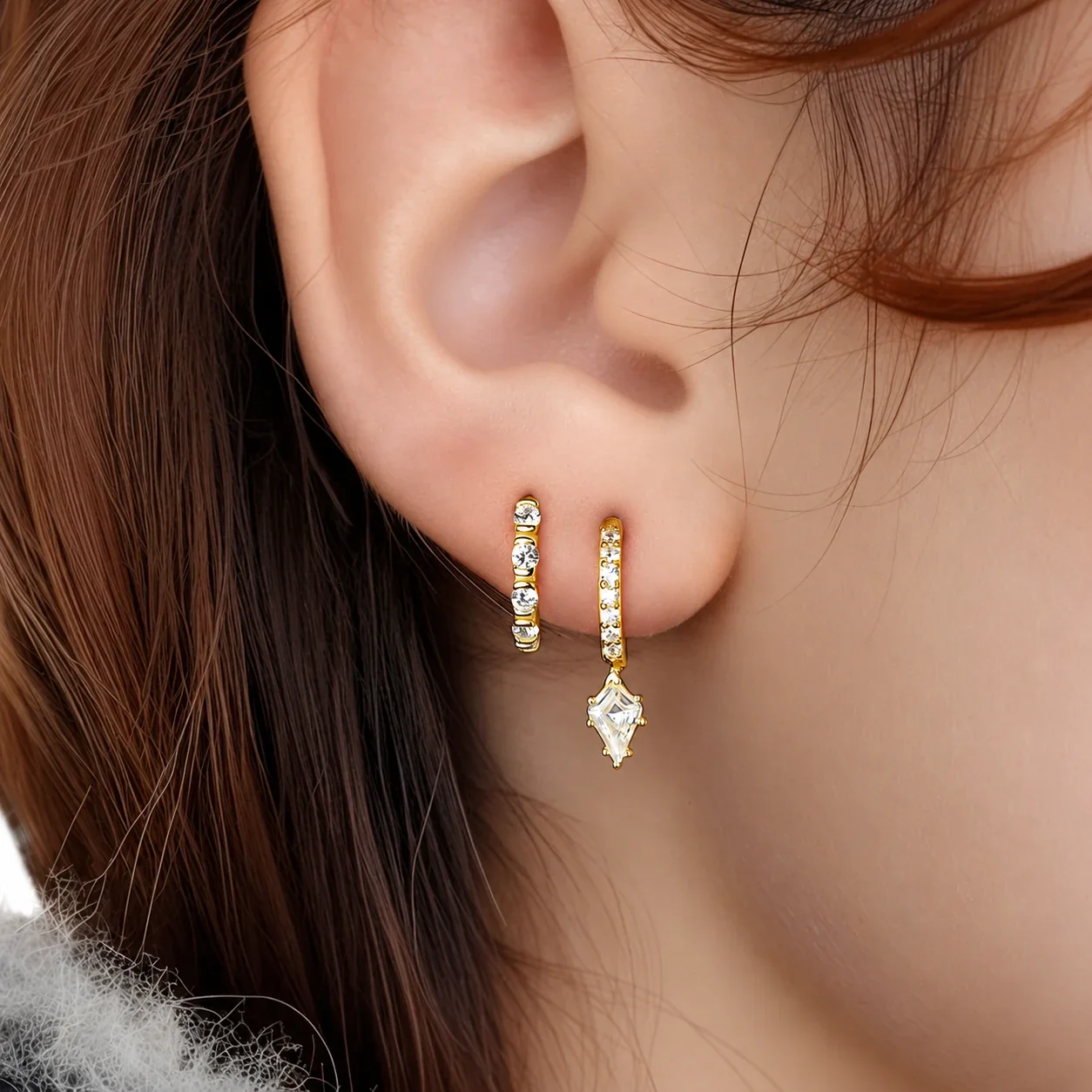 Gold-Tone 925 Sterling Silver Two-Stone Drop Hoop Earrings