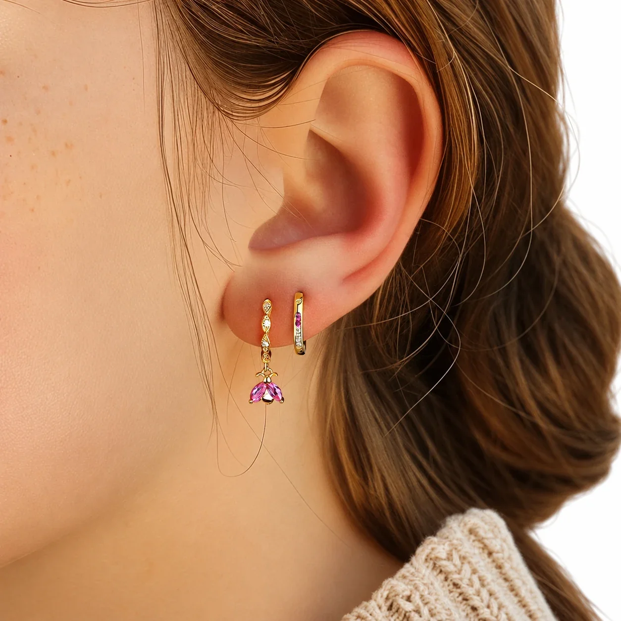 Gold-Tone 925 Sterling Silver Two-Stone Drop Hoop Earrings