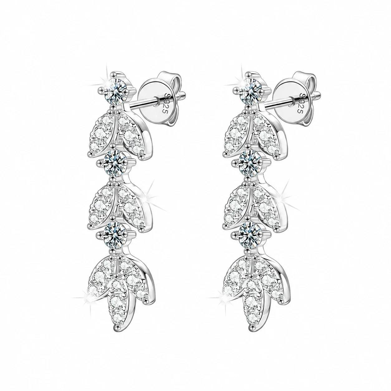 Botanical 925 Sterling Silver Leaf Six-Prong Drop Earrings