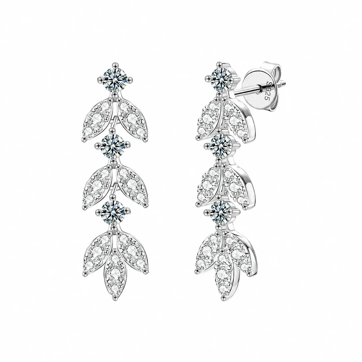 Botanical 925 Sterling Silver Leaf Six-Prong Drop Earrings