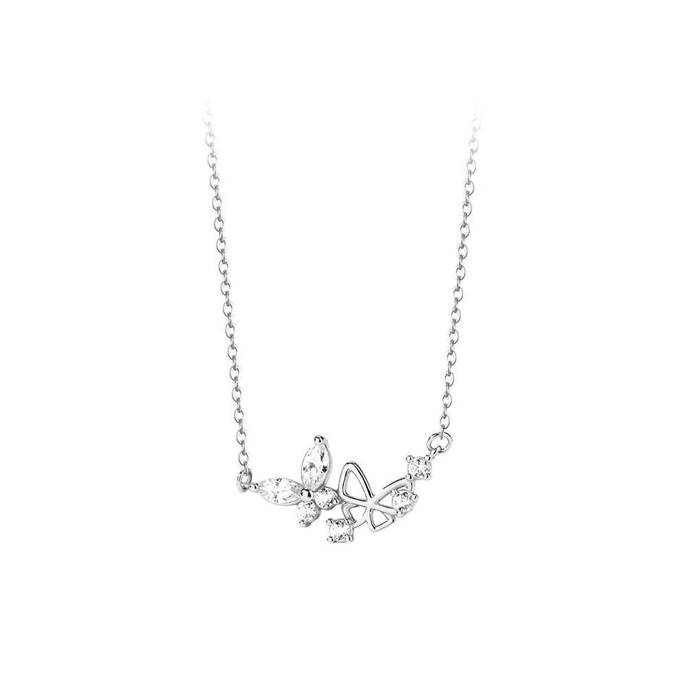 Whimsical 925 Sterling Silver Double Butterfly Clear Stone Necklace
