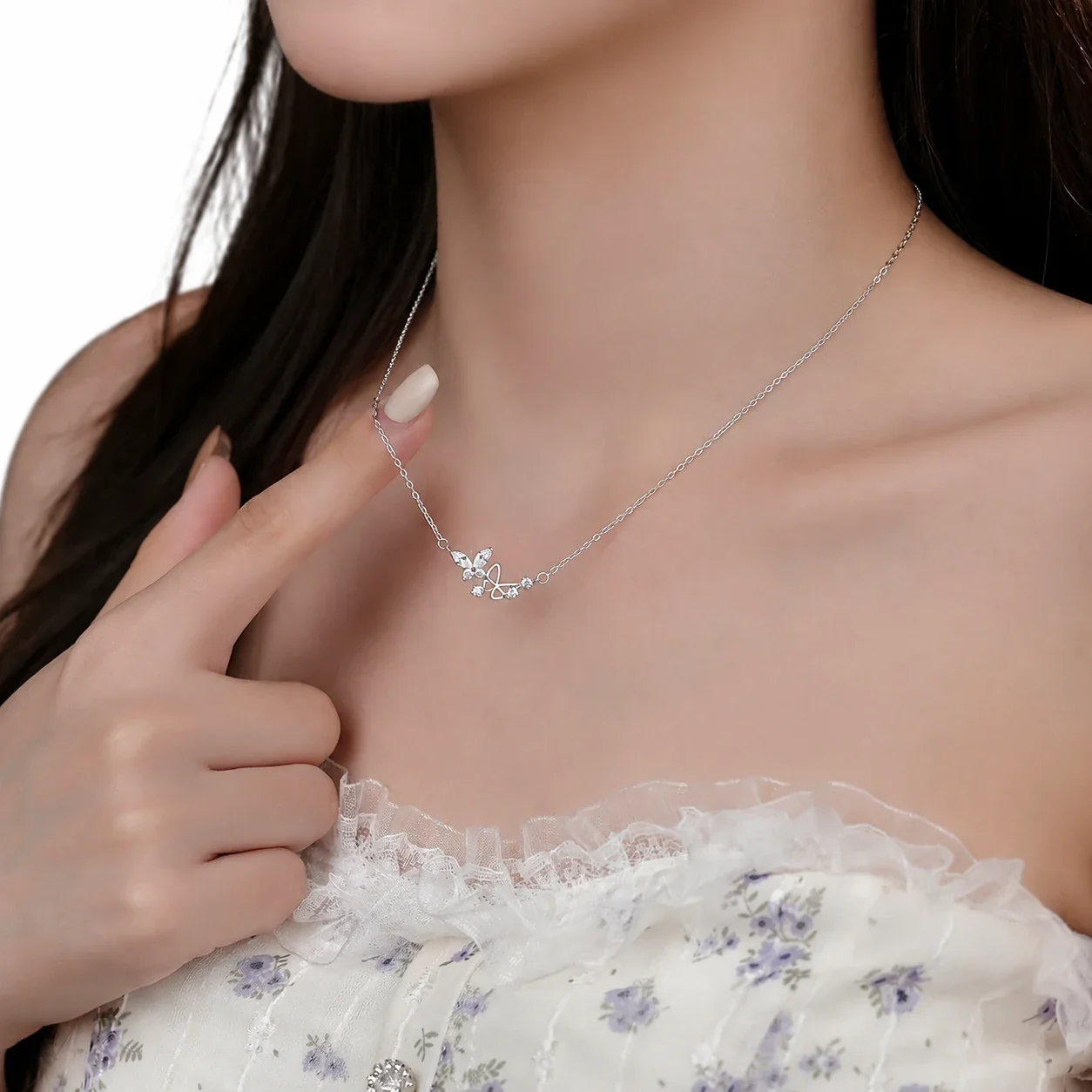 Whimsical 925 Sterling Silver Double Butterfly Clear Stone Necklace