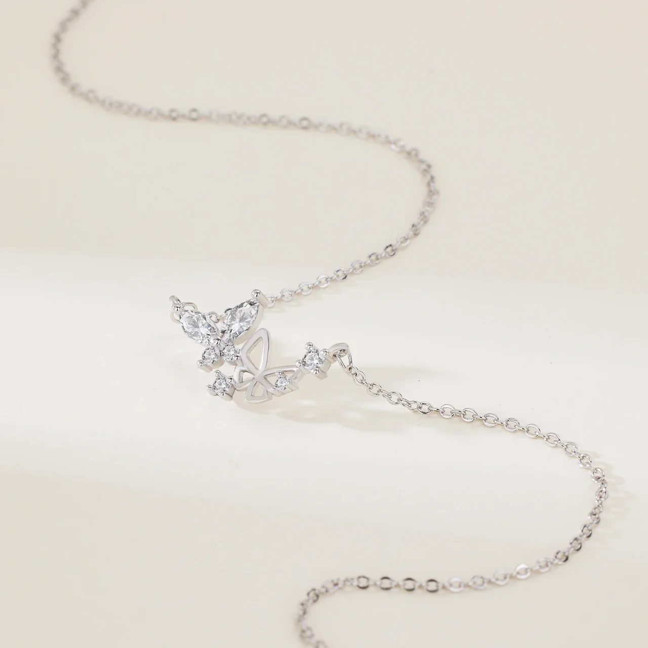 Whimsical 925 Sterling Silver Double Butterfly Clear Stone Necklace