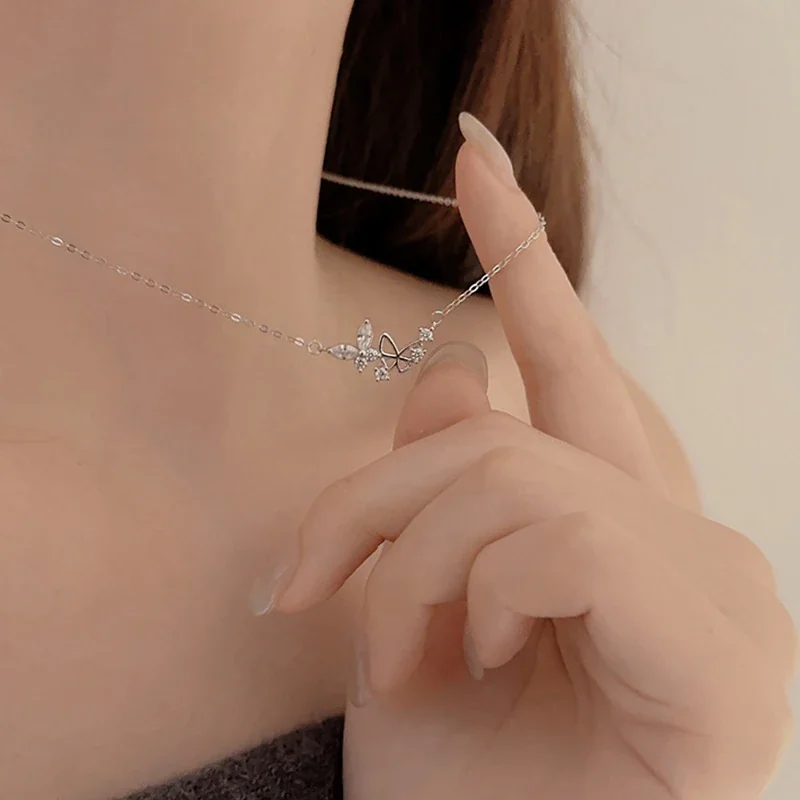 Whimsical 925 Sterling Silver Double Butterfly Clear Stone Necklace