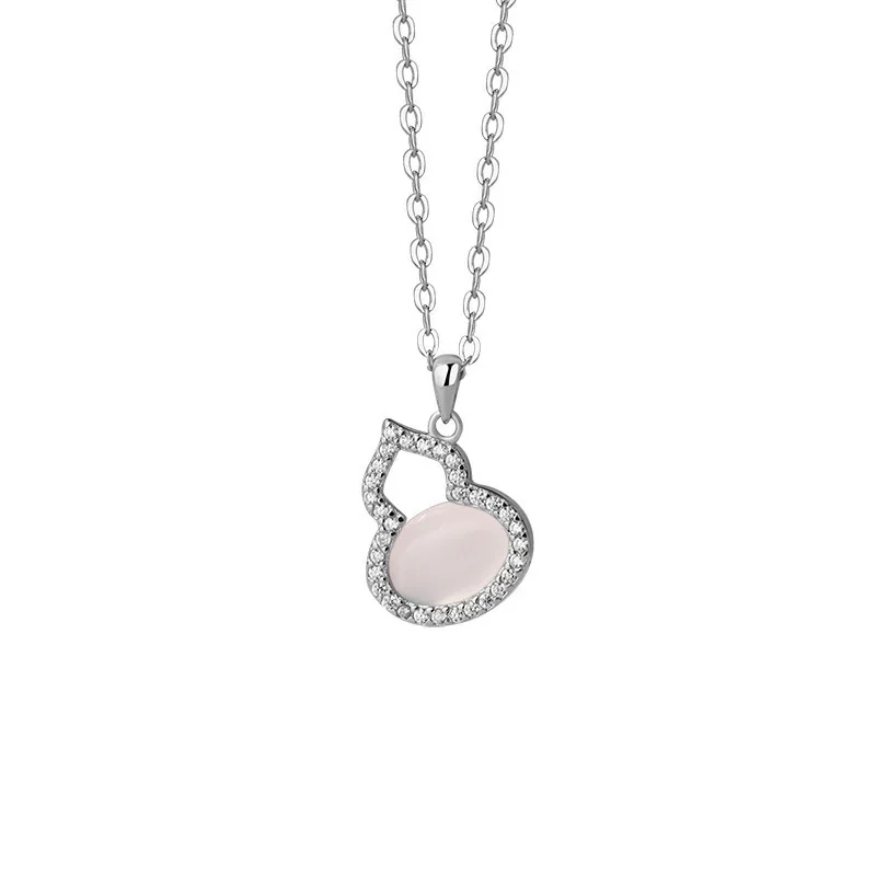 Delicate 925 Sterling Silver Gourd Pavé Pink Stone Necklace