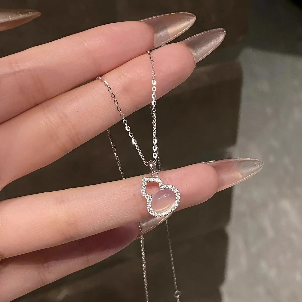 Delicate 925 Sterling Silver Gourd Pavé Pink Stone Necklace