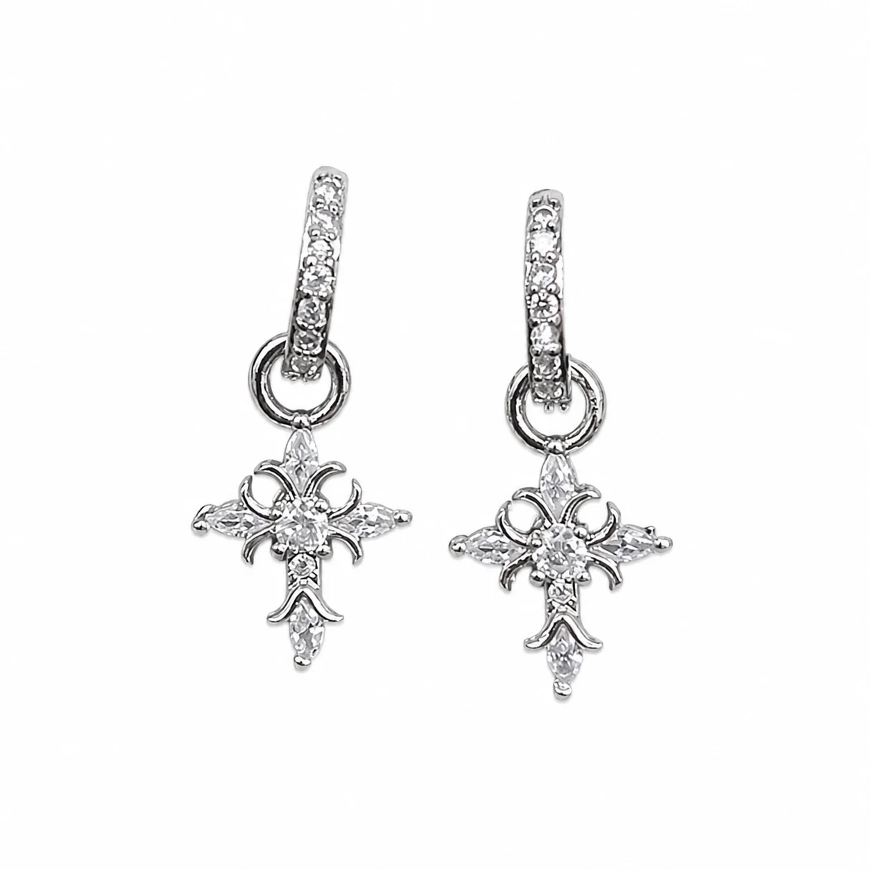 Ornate Silver-Plated Pavé Huggie Cross Drop Earrings