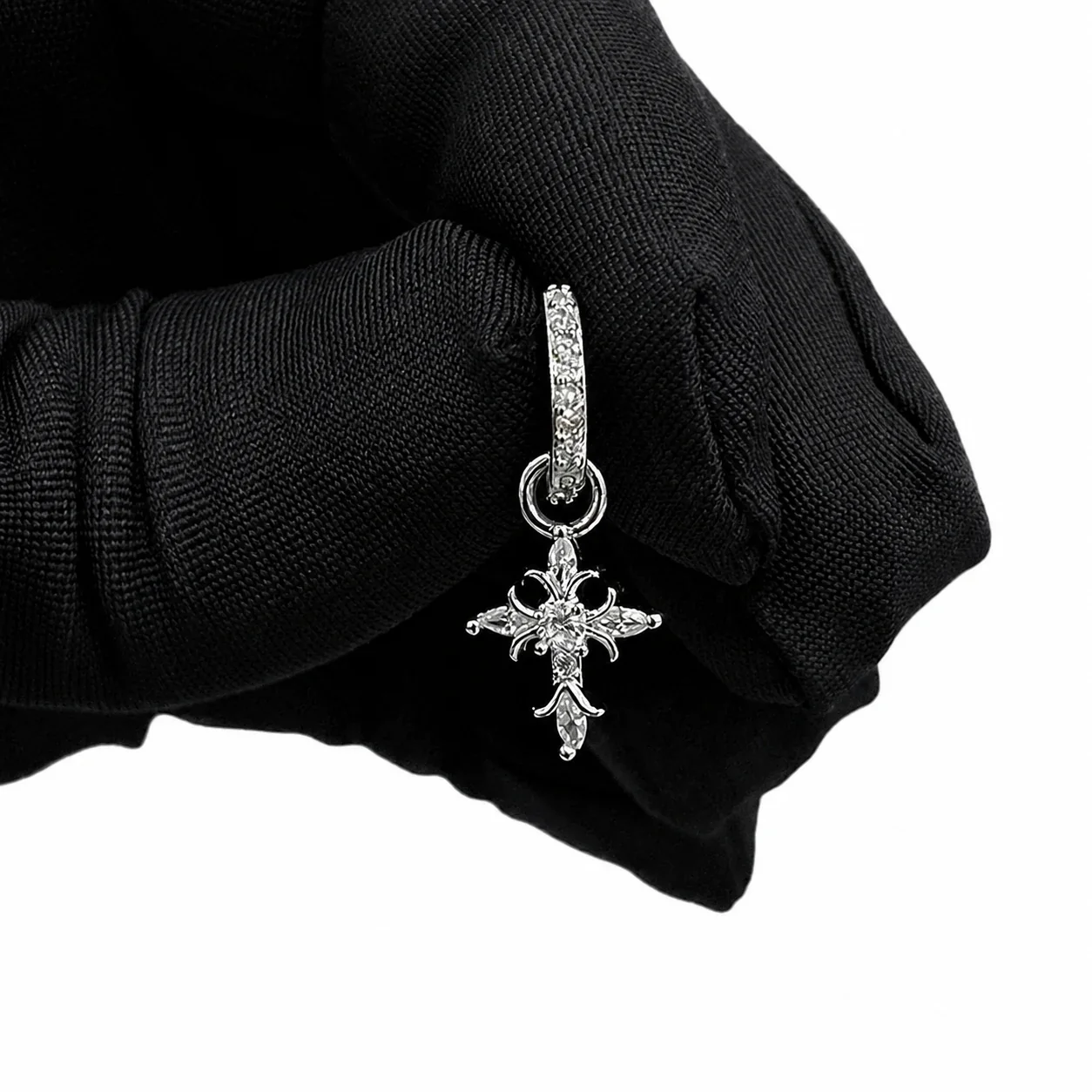 Ornate Silver-Plated Pavé Huggie Cross Drop Earrings