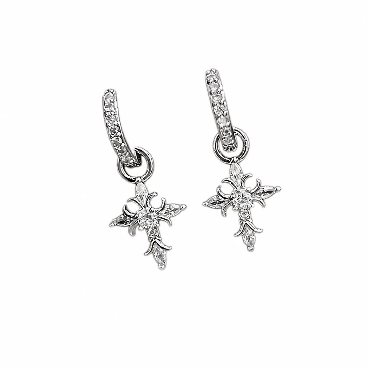 Ornate Silver-Plated Pavé Huggie Cross Drop Earrings