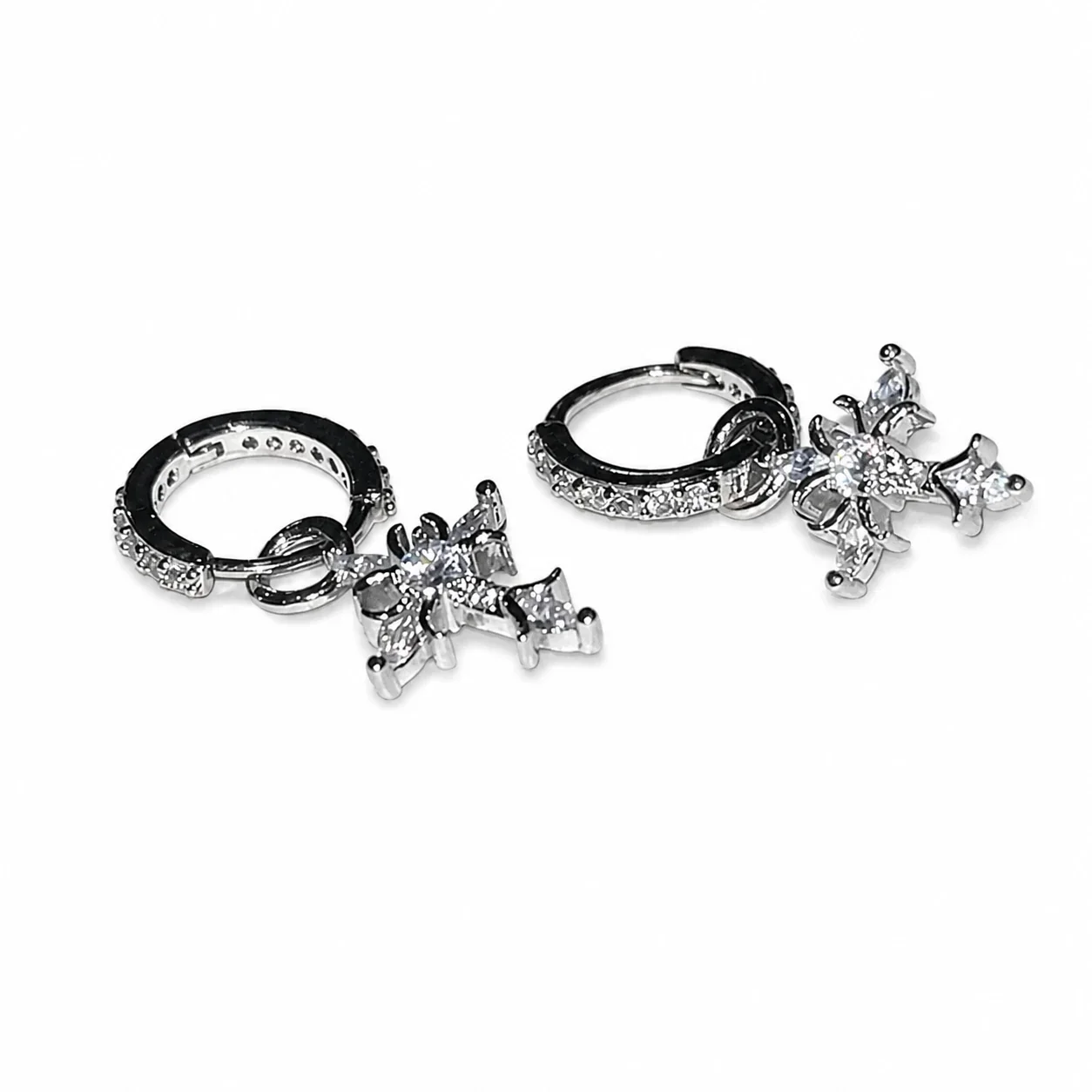 Ornate Silver-Plated Pavé Huggie Cross Drop Earrings