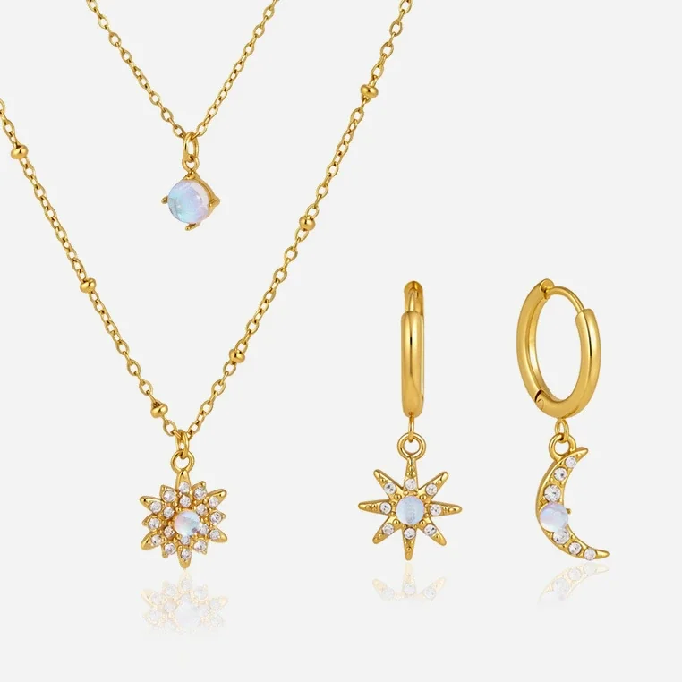 Celestial Star Moon Gold-Plated Stainless Steel Hoop Earrings