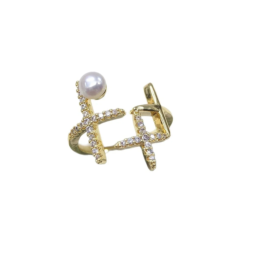 Asymmetric Gold-Plated Open-Front CZ Freshwater Pearl Ring