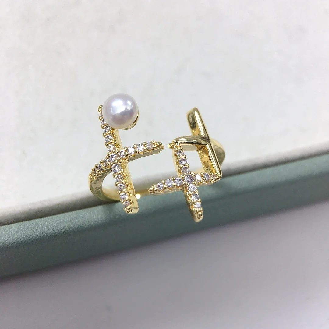 Asymmetric Gold-Plated Open-Front CZ Freshwater Pearl Ring
