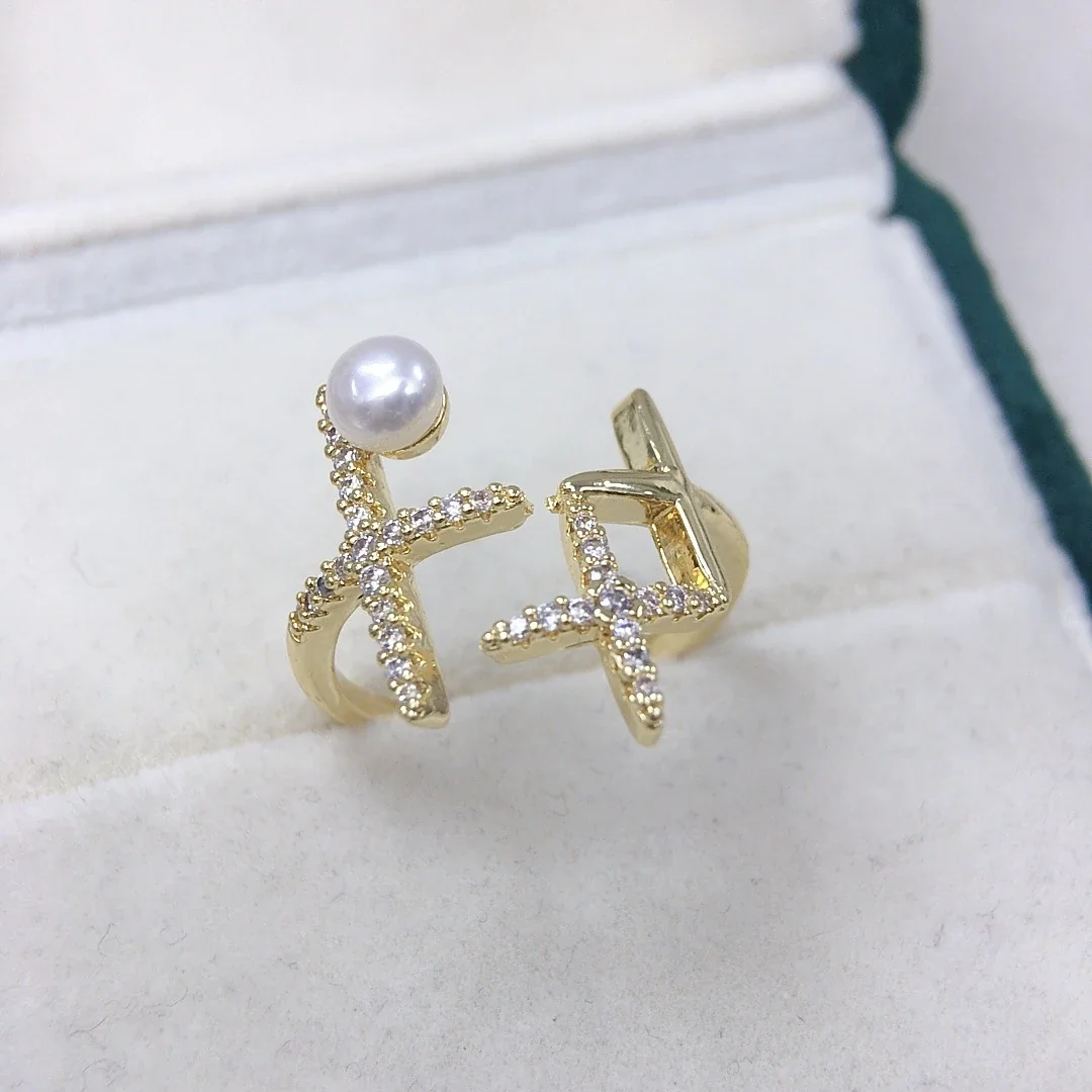 Asymmetric Gold-Plated Open-Front CZ Freshwater Pearl Ring