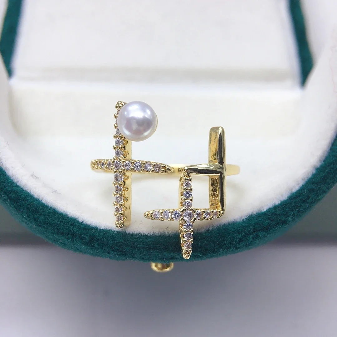 Asymmetric Gold-Plated Open-Front CZ Freshwater Pearl Ring