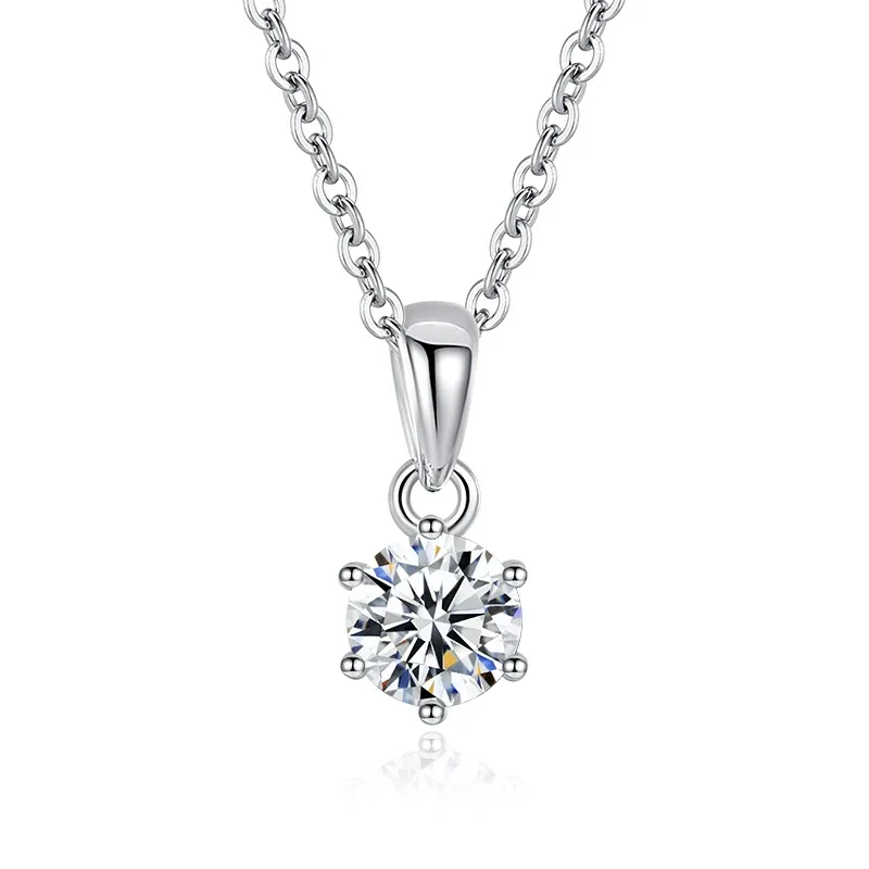 Delicate 925 Sterling Silver Six-Prong Round Pendant Necklace