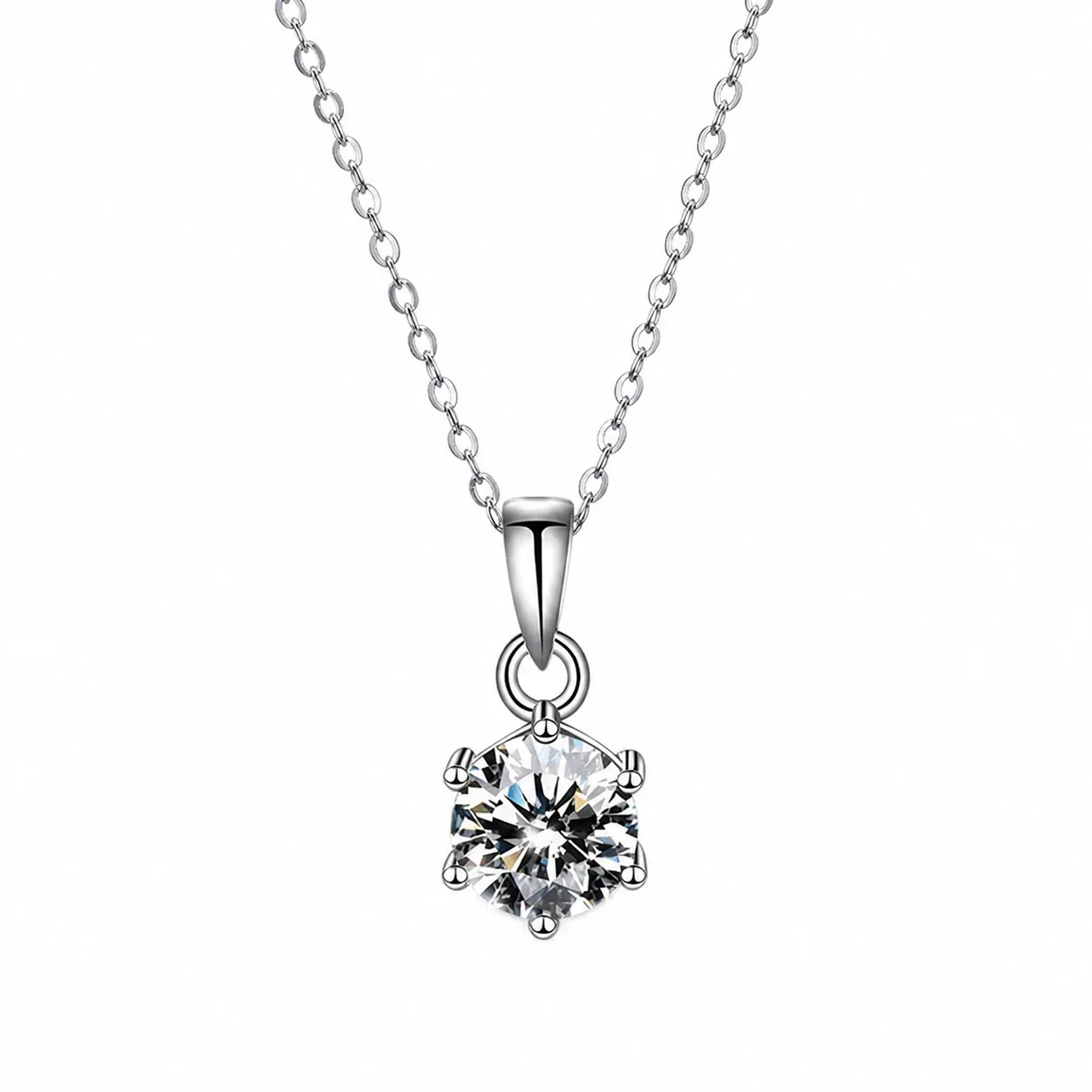 Delicate 925 Sterling Silver Six-Prong Round Pendant Necklace - Silver High Carbon Stone