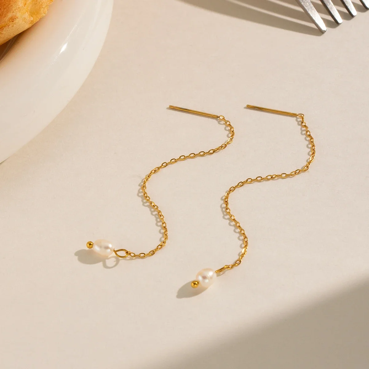 Delicate Gold-Plated Chain Freshwater Pearl Drop Earrings