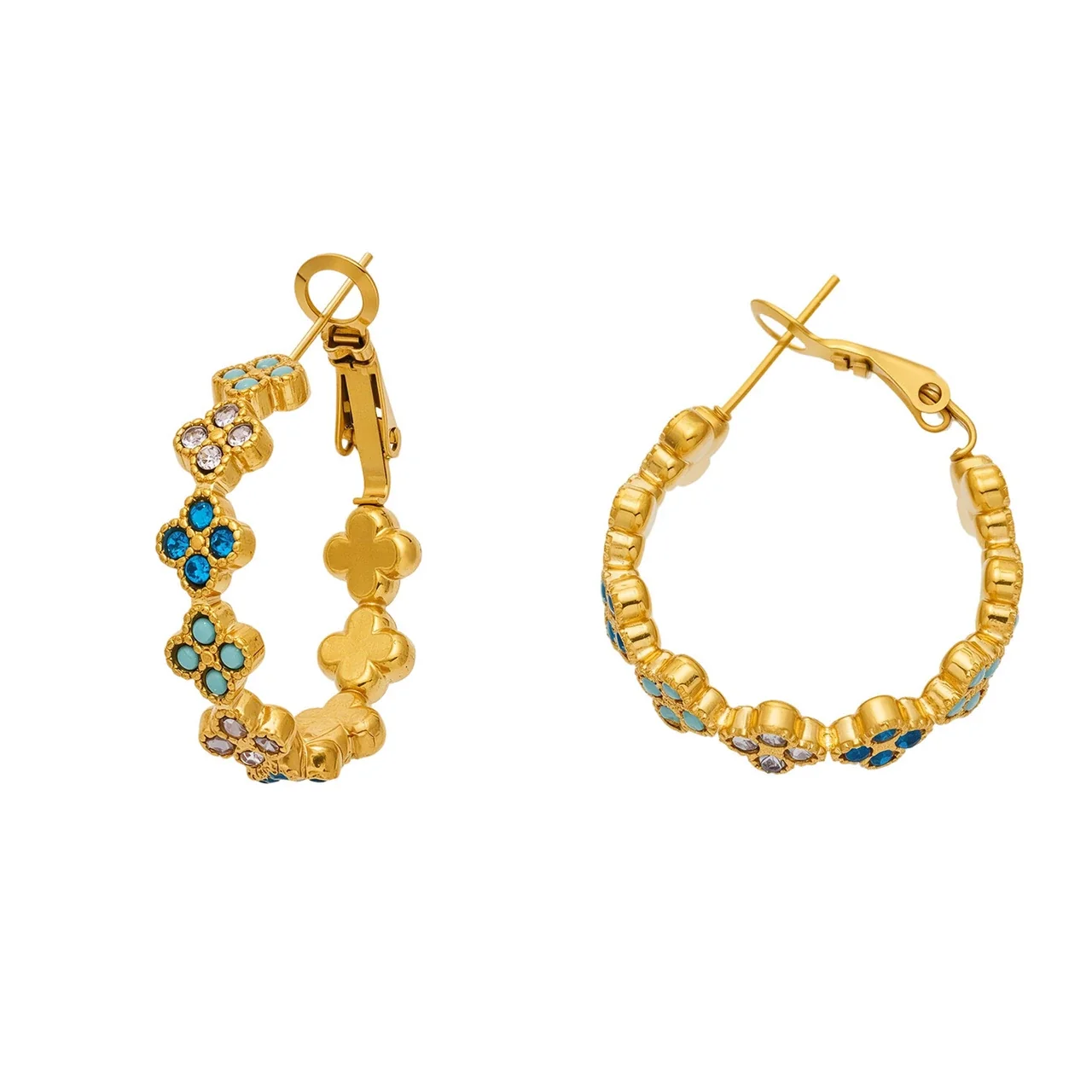 Ornate Gold-Plated Clover Crystal Hoop Earrings