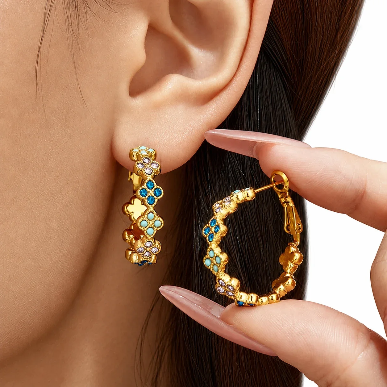 Ornate Gold-Plated Clover Crystal Hoop Earrings