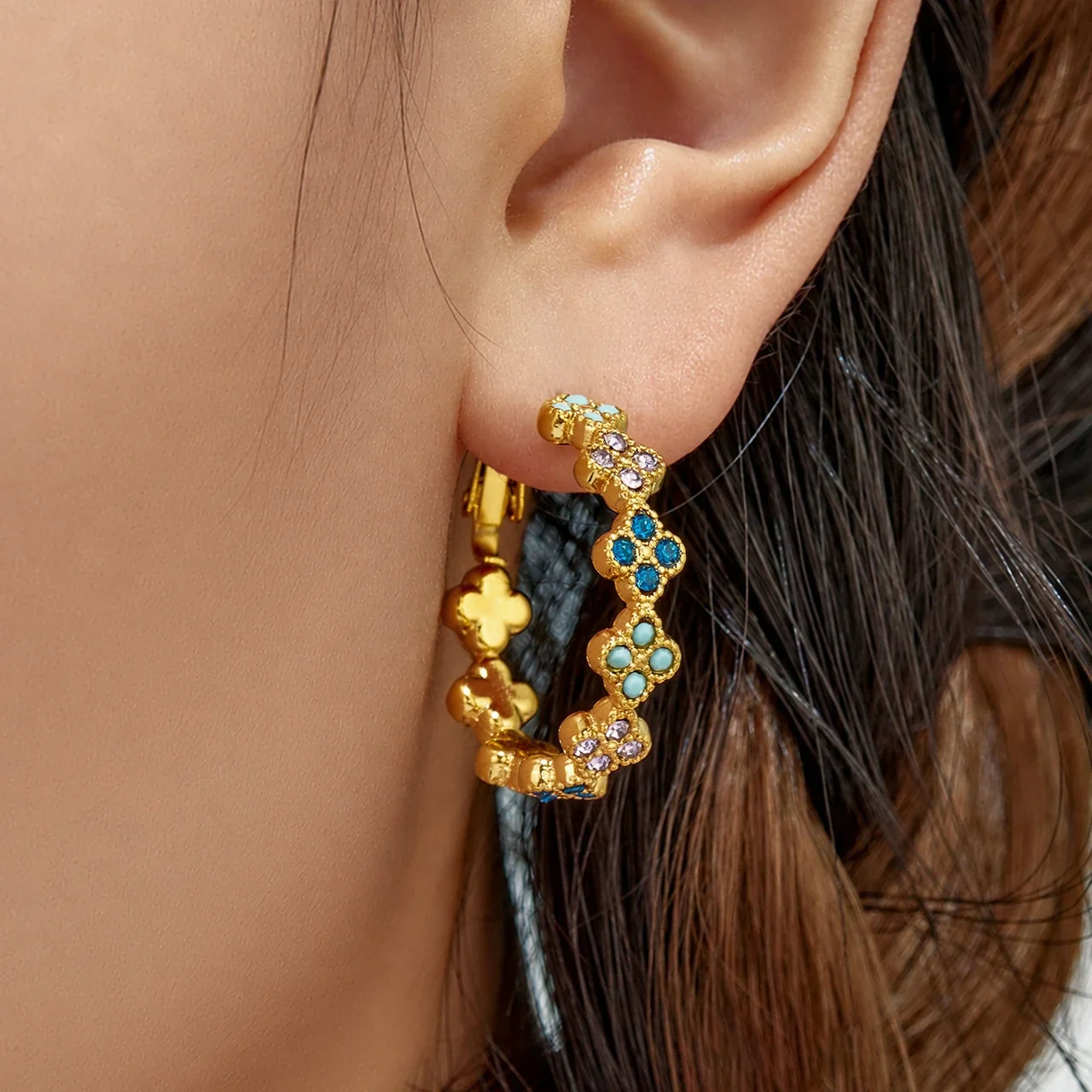 Ornate Gold-Plated Clover Crystal Hoop Earrings