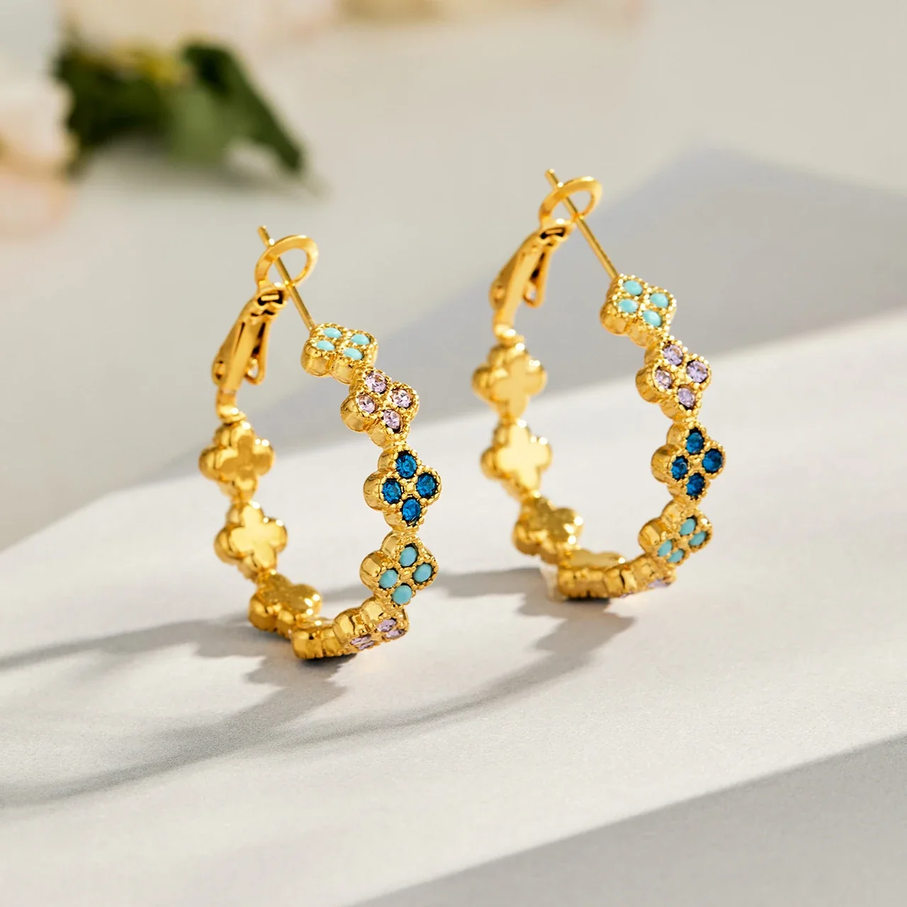 Ornate Gold-Plated Clover Crystal Hoop Earrings