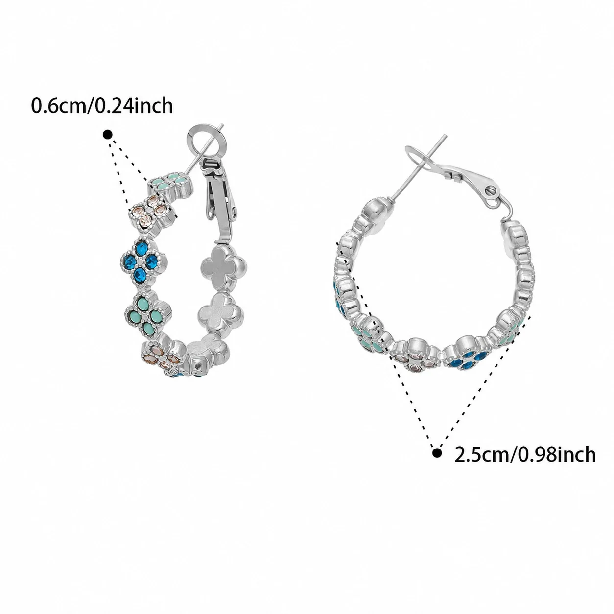 Ornate Gold-Plated Clover Crystal Hoop Earrings - Silver Multicolor CZ