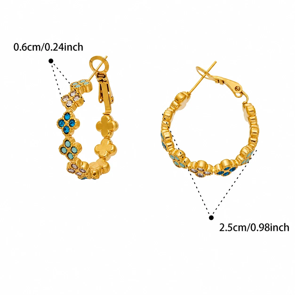 Ornate Gold-Plated Clover Crystal Hoop Earrings - Gold Multicolor CZ