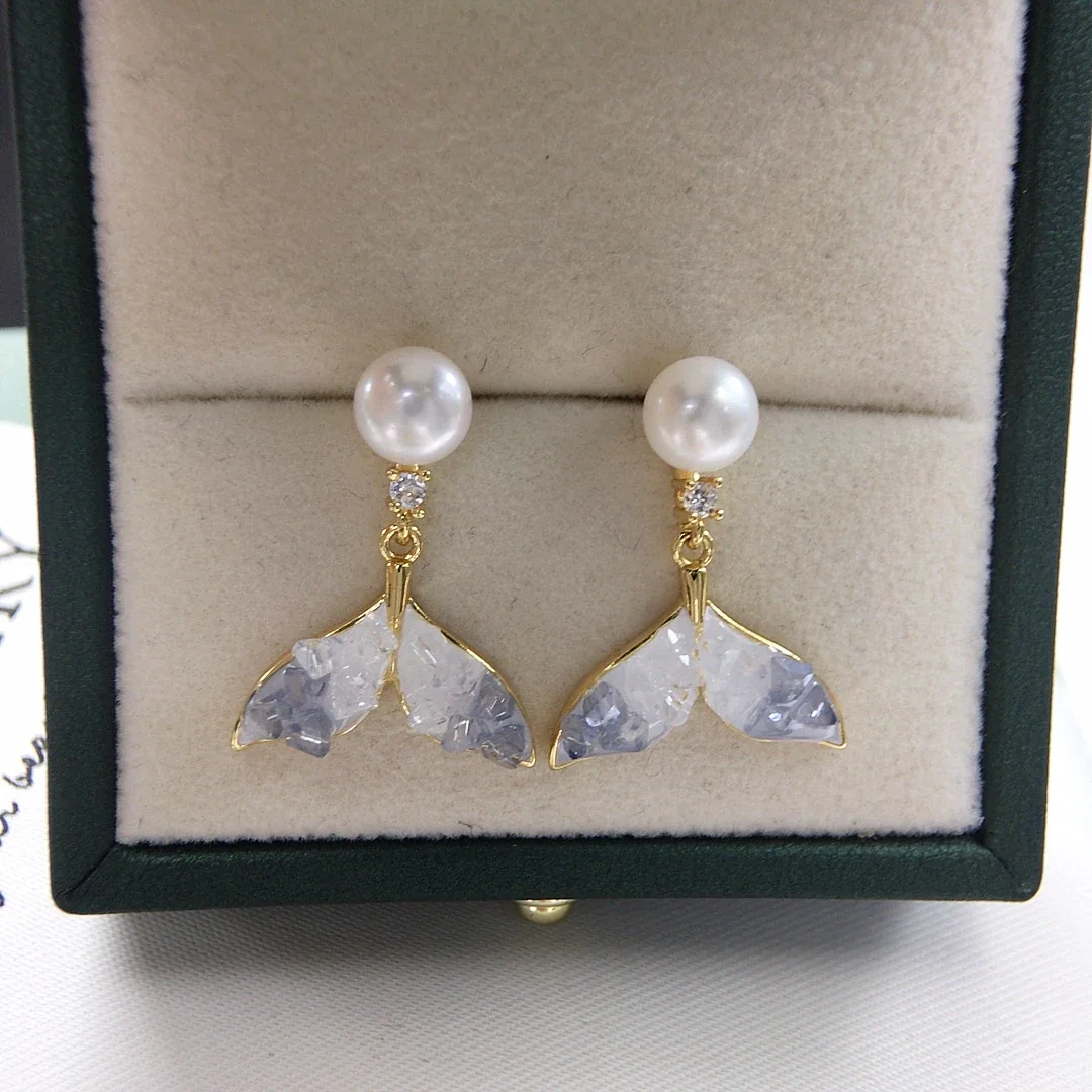 Whimsical Gold-Plated Fishtail Freshwater Pearl Drop Earrings - Light Blue
