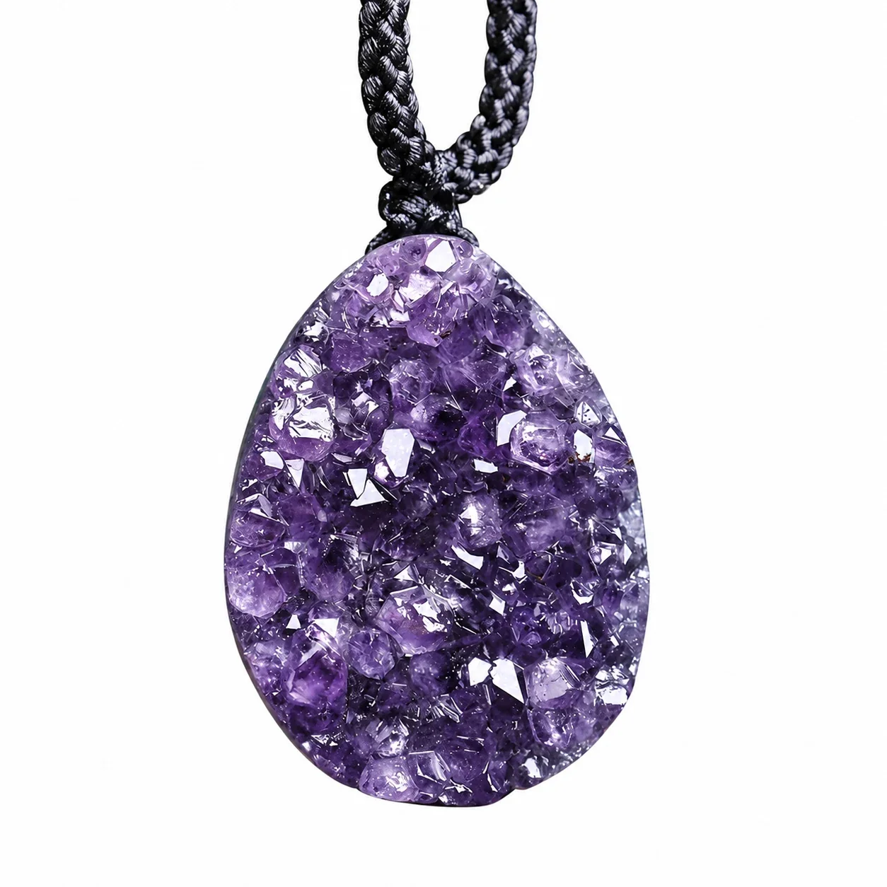 Textured Purple Crystal Cluster Teardrop Cord Necklace