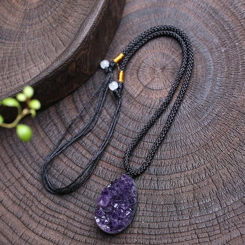 Textured Purple Crystal Cluster Teardrop Cord Necklace