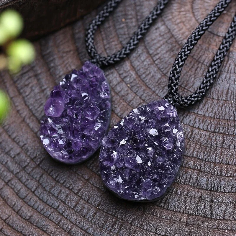 Textured Purple Crystal Cluster Teardrop Cord Necklace